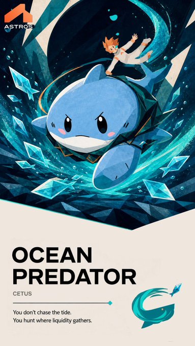 A promotional poster by ASTROS features a cute blue whale-like creature swimming through icy waters with a small character on its back, titled 'OCEAN PREDATOR' with the tagline 'You don't chase the tide. You hunt where liquidity gathers.'