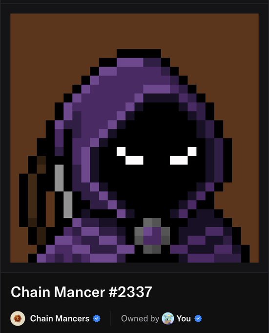 A pixel art NFT profile picture of a dark hooded figure with glowing white eyes, labeled "Chain Mancer #2337" from the "Chain Mancers" collection.