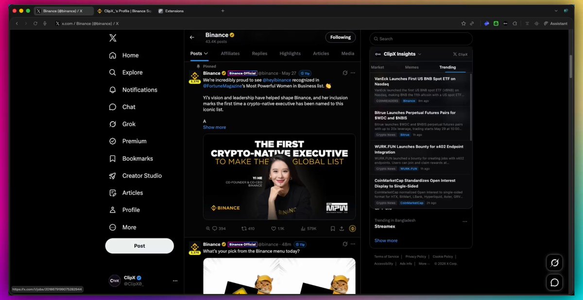 The image shows a computer screen displaying a social media platform, possibly Twitter or Instagram, with various posts and notifications. The main focus of the image is a post that reads "I am sure @cz_binance @heyibinance check this They obviously like this feature. You can cross-post your X content into Binance Square with just a single click." This message seems to be related to the social media platform, possibly Twitter or Instagram, and it appears to be promoting the idea of sharing content on these platforms.