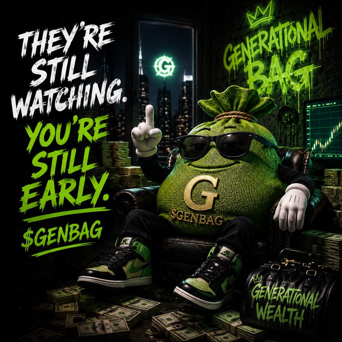 A promotional graphic features an anthropomorphic green money bag with sunglasses and white gloves sitting on a leather chair, surrounded by stacks of cash. Text reads 'THEY'RE STILL WATCHING. YOU'RE STILL EARLY. $GENBAG,' 'GENERATIONAL BAG,' and 'GENERATIONAL WEALTH.'