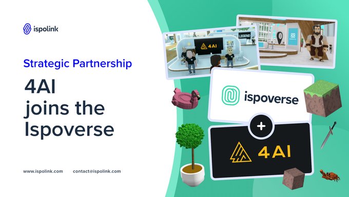 The image features a poster for a new game called @Ispoverse, which is an AI-based strategy game that allows players to join the game by using the hashtag #4ai. The poster also includes text about strategic partnerships between companies like Ispoklink and @BNBCHAIN, as well as logos of other companies involved in the game development process.