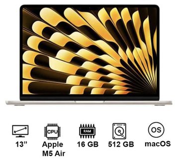 A product image showing a 13" MacBook Air M5 with Apple CPU, 16 GB RAM, 512 GB storage, running macOS, featuring a golden abstract display. It illustrates one of the options in the user's dilemma between the MacBook Air M5 and Mac mini M4 for Web3 use.