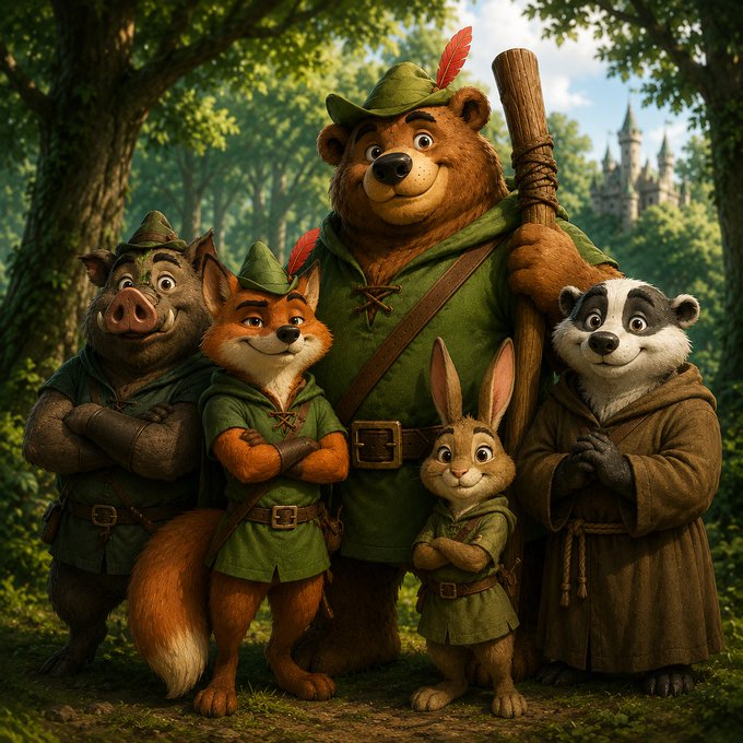 An animated illustration of Robin Hood's merry men—a bear, boar, fox, rabbit, and badger—stand together in green outfits in a sunlit forest with a castle in the distance.
