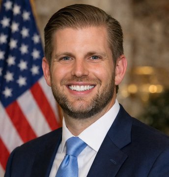 ersic trump's photo with a blue tie, wearing a suit jacket and smiling for the camera. The caption reads "ERIC TRUMP: 'I've never been more bullish on Bitcoin in my life.'", which is related to the image of the man wearing a suit and tie.
