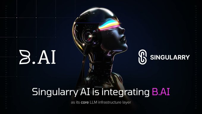 The image features a poster for Singularity AI that showcases two robots - one with a human head and the other with an AI face, both wearing headphones. The text on the poster reads "Singularity AI is integrating BAI". This suggests that Singularity AI has been integrated into BAI's ecosystem to create a new generation of intelligent agents that can generate native wallets for native users. These agents are now self-sustaining and have financial sovereignty, as indicated by the phrase "@BAI_AGI" in the image description.