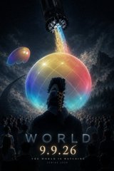 The image is a movie poster for "WORLD 9.9.26," showing a silhouetted figure facing a glowing, rainbow-hued sphere beneath a large mechanical device emitting a beam of light. The "TRADE THE WORLD" caption aligns with the poster's cosmic, globe-like imagery, evoking the idea of engaging with global markets, with the mysterious 9.9.26 release date hinting at an upcoming event or product launch.