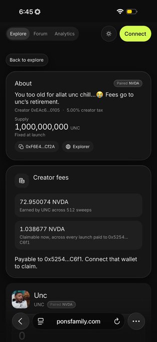 A mobile screenshot from ponsfamily.com showing a crypto creator profile for 'Unc' with 1,000,000,000 UNC supply and creator fees of 72.95074 NVDA earned across 512 sweeps.