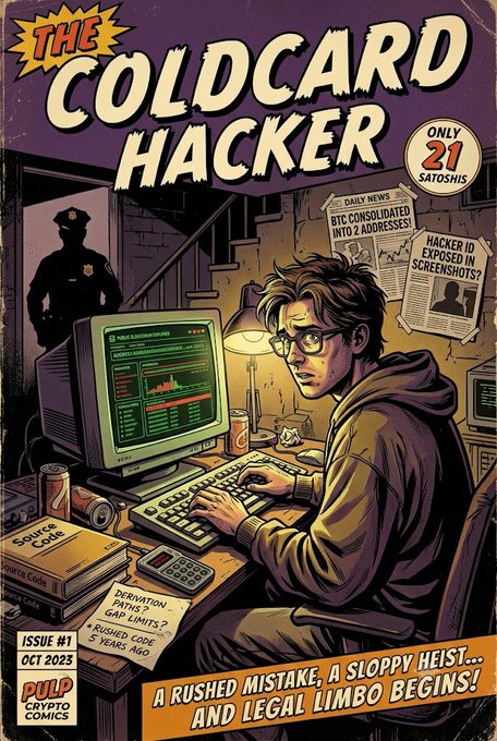 This comic book cover, titled "The Coldcard Hacker" from Pulp Crypto Comics (Issue #1, Oct 2023), depicts a young hacker at his computer, suggesting the idea of a novice exploit. The text "ONLY 21 SATOSHIS" and the news headlines about BTC consolidation hint at a cryptocurrency-related hack.