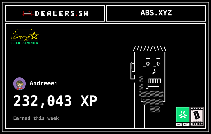A pixel-art style dashboard or profile card for 'DEALERS.SH' and 'ABS.XYZ' showing user 'Andreeei' earning '232,043 XP' this week with an 'Energy Degen Preventer' badge and a character illustration.