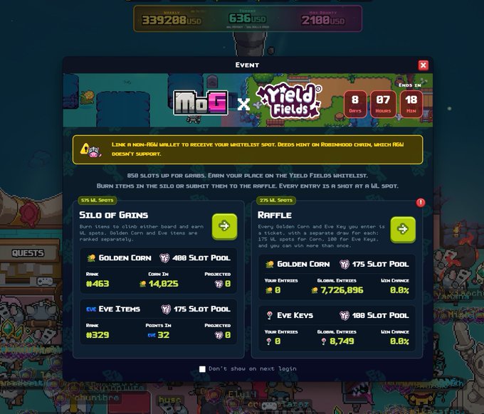 The image displays an in-game "Event" pop-up window from a game called "MOG" in collaboration with "Yield Fields," featuring a countdown of 8 days, 7 hours, and 18 minutes until it ends. The event offers 850 whitelist spots for "Yield Fields," with players able to participate through two methods: "Silo of Grains," which involves burning items to earn W. spots, and "Raffle," where players use Golden Corn and Eve Keys for ticket entries. Key statistics shown include Golden Corn ranks (#463 with 14,825 corn and 8 projected W. spots), Eve Items rank (#329 with 32 points), and raffle entries (7,726,896 global Golden Corn entries with a 0.8% win chance, and 8,749 global Eve Keys entries). A yellow warning banner advises players to link a non-MEW wallet to receive their whitelist spot, emphasizing that Deeds Mint on Robinhood Chain, which M