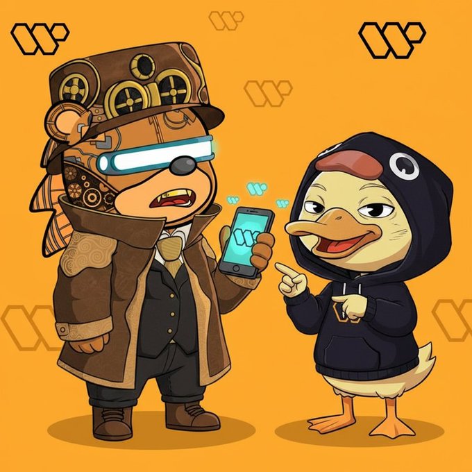The image features a cartoon duck wearing a hoodie, standing next to a cartoon bear dressed in a suit with a hat. The bear has a cell phone in his hand, while the duck holds a sign that says "WTF?". The background is orange, and there are other elements like a bird and a building visible in the image as well.

The post seems to be promoting a new game or trend, possibly related to the cartoon characters. It appears that the focus of the post is on the interaction between the bear and the duck, with the duck holding up a sign and the bear using his cell phone. The overall atmosphere suggests an interesting and engaging conversation taking place in this digital age.