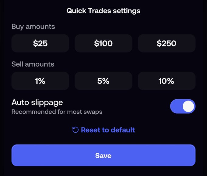 A dark-themed 'Quicker Trades settings' menu displays buy amounts ($25, $100, $250), sell amounts (1%, 5%, 10%), and an enabled 'Auto slippage' toggle above a blue 'Save' button.
