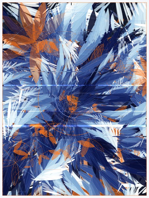 The image features a large abstract painting with blue, orange, and white colors that appear to be swirling or chaotic. The artwork has a digital style, giving it an electronic feel. The background of the painting is gray, providing contrast to the vibrant colors in the foreground. The artist's signature can be seen at the bottom right corner of the image.