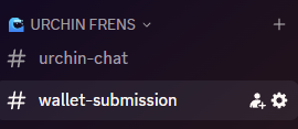 A Discord server interface showing 'URCHIN FRENS' with two channel options: '#urchin-chat' and '#wallet-submission' (the latter highlighted).