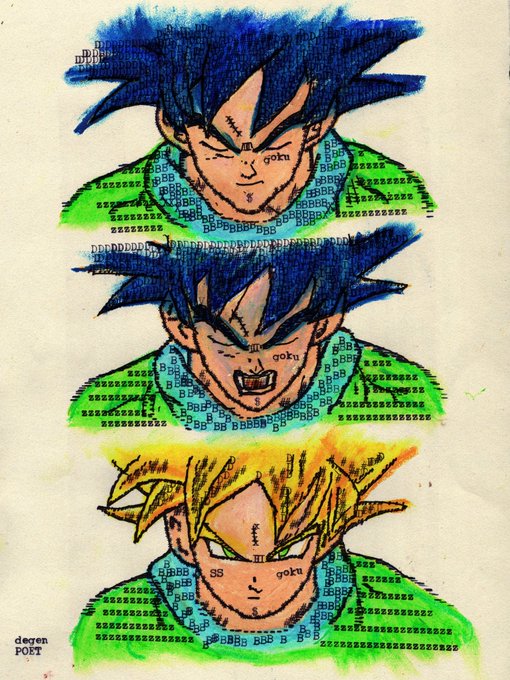 A hand-drawn illustration titled 'degen POET' showing three panels of Goku from Dragon Ball with the word 'BBB' repeated in the background, depicting different transformations.