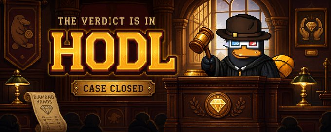 A crypto-themed graphic depicting a courtroom scene with an 'HODL' verdict, featuring a duck character dressed as a judge holding a gavel and wearing a fedora.