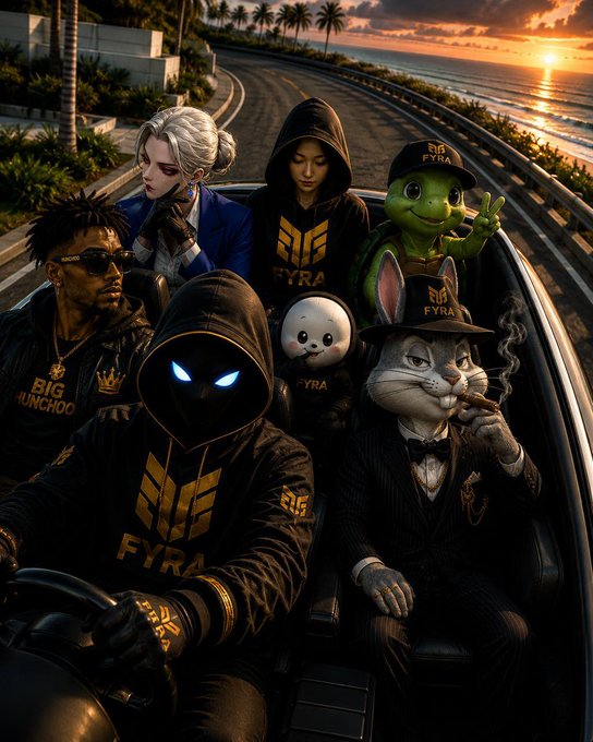 A diverse group of characters—including a glowing-eyed driver, a cigar-smoking cat in a suit, a turtle, and a panda—all wearing matching "FYRA" branded hoodies and hats, ride together in a convertible down a coastal road at sunset, visually embodying the post's "squad riding into the sunset" message for the $FYRA team.