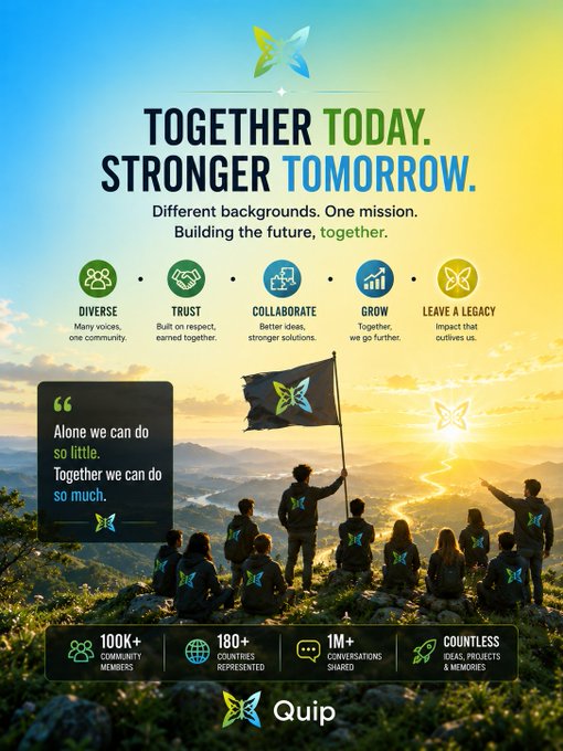 A promotional infographic titled 'TOGETHER TODAY. STRONGER TOMORROW.' for 'Quip', showing diverse people on a mountain with a butterfly flag, highlighting values like Diverse, Trust, Collaborate, Grow, and Leave a Legacy.