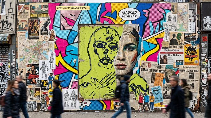 A vibrant street art mural on a wall displays pop-art portraits of figures with halftone patterns surrounded by colorful graphics and posters reading "THE CITY WHISPERS...", "MASKED REALITY", "URBAN LEGENDS ARISE", "MERGO ENDT", "Bus Tickets", "MANY LEGENDS", and "TICKET", with blurred pedestrians walking past in the foreground.