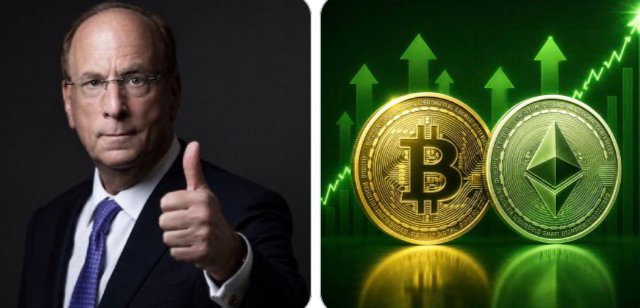 BlackRock CEO Larry Fink gives a thumbs up beside gold and silver coins representing Bitcoin (BTC) and Ethereum (ETH) against a rising green chart with upward arrows, visually reinforcing the post's message of bullish institutional accumulation totaling $284.7M in BTC and $122.1M in ETH.