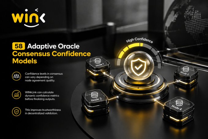 A promotional graphic for 'wink' features the text '58 Adaptive Oracle Consensus Confidence Models' alongside an illustration of interconnected nodes with a central shield displaying 'High Confidence'.