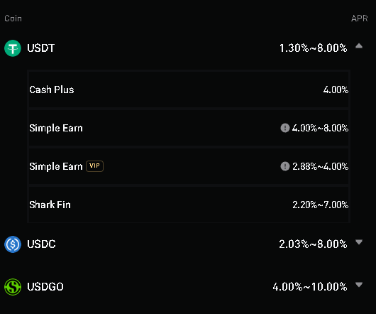 A dark-themed financial app screenshot displaying APR rates for USDT (1.30%~8.00%), USDC (2.03%~8.00%), and USDGO (4.00%~10.00%), with various earning products like 'Cash Plus', 'Simple Earn', and 'Shark Fin' listed.