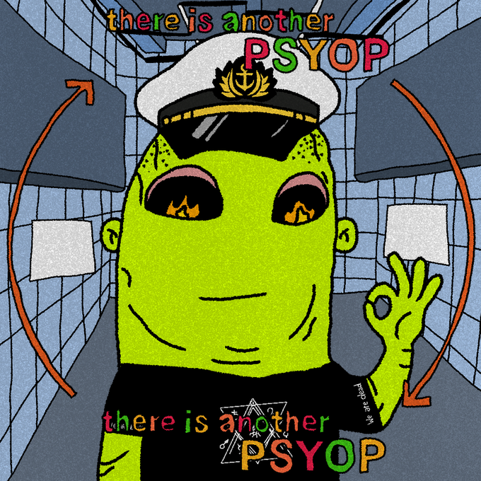 A green-skinned character wearing a captain's hat and an "OK DEGEN" shirt makes an "OK" hand gesture in a tiled hallway, with the repeated phrase "there is another PSYOP" displayed at the top and bottom in rainbow text. The image humorously plays on web3 conspiracy culture and the endless cycle of perceived psychological operations (PSYOPs) in crypto discourse, fitting the post's theme about navigating web3 drama and narratives.