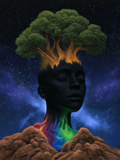 A surreal digital artwork depicting a dark silhouetted face with closed eyes, topped with a green tree canopy and featuring a rainbow-colored swirling neck emerging from rocky terrain against a starry night sky.
