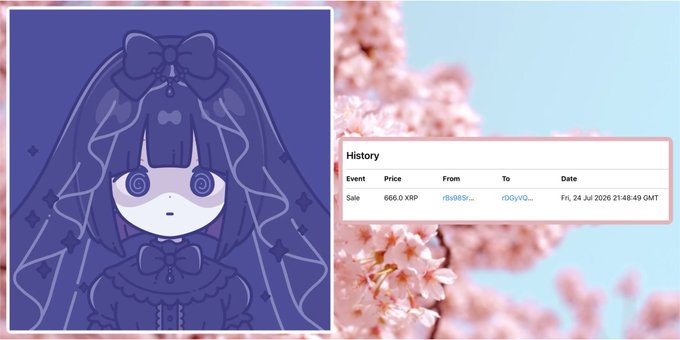 An anime-style character illustration with spiral eyes alongside a transaction history showing a sale of an NFT for 666.0 XKP from 'r6vi989...' to 'r0gyvo...'.