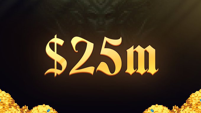 A golden "$25m" in ornate Gothic-style lettering glows against a dark cave-like background, framed by pixelated piles of gold coins at the bottom corners, visually celebrating the $25 million milestone in player key investments for Cambria's Dungeons and Dungeon Fishing modes.