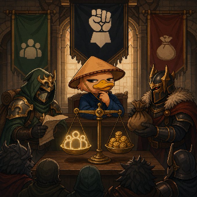 A pixel-art style illustration depicts a duck wearing a conical Asian hat sitting at a desk as a judge, with a scale of justice weighing coins against figures representing people, while armored knights stand on either side.