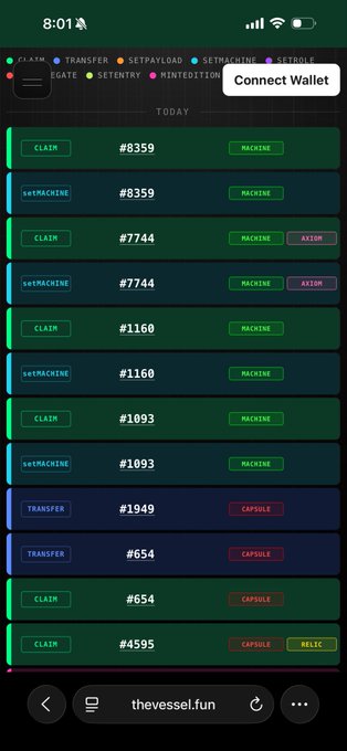 A screenshot of thevessel.fun website displaying a transaction list with items like 'CLAIM', '@MACHINE', and 'TRANSFER' alongside various transaction IDs (e.g., #8359, #7744), with a 'Connect Wallet' button visible.