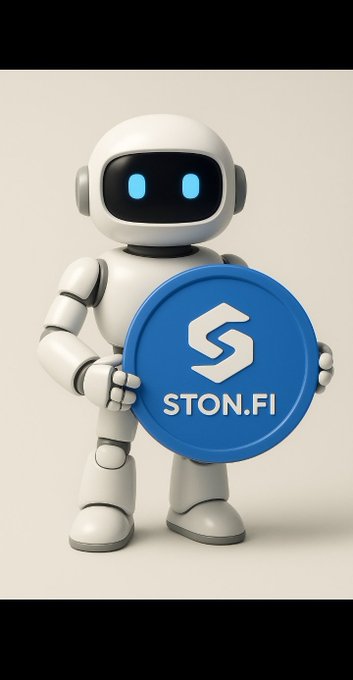 A 3D rendered white robot with blue digital eyes holds a blue circular sign displaying the logo and text 'STON.FI'.