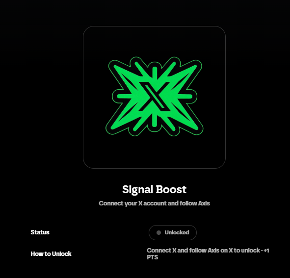 Dark-themed UI panel showing a 'Signal Boost' feature with a green X logo, indicating 'Unlocked' status for connecting an X account and following Axs to earn +1 PTS.