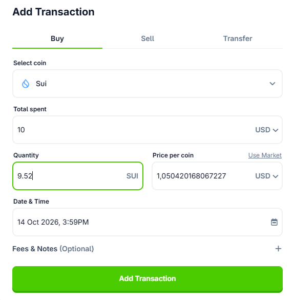 The image shows a cryptocurrency transaction entry form displaying a purchase of 9.52 SUI for $10 USD (at $1.05042016806 per coin) on October 14, 2026, corresponding to the daily DCA investment tracked in the post.