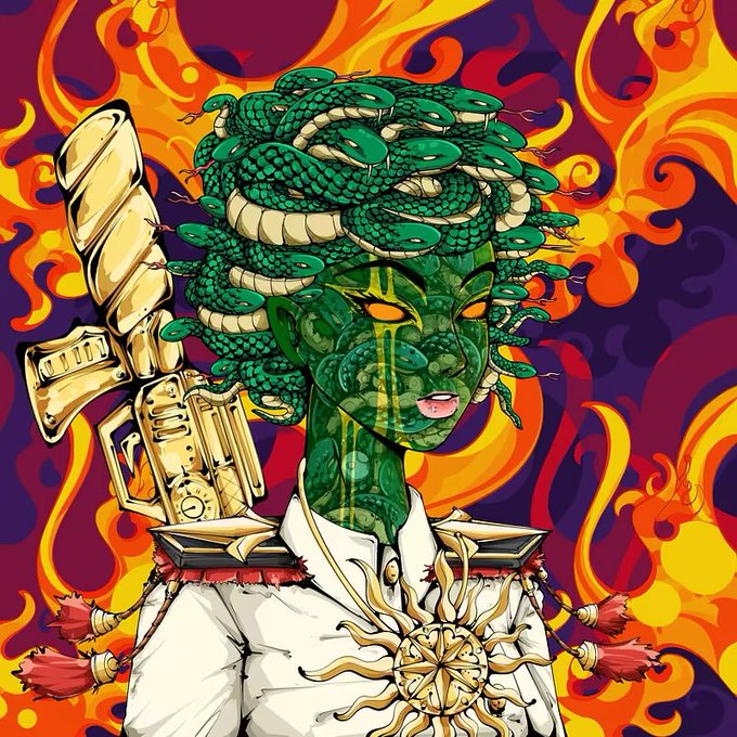The image features a woman with green hair wearing a white shirt, standing against a backdrop of orange flames. The woman has a sword in her hand, adding an element of danger or power to the scene. The image also includes text that reads "Just added my latest @Nuddies NFT to the collection. @inkedtoshiNFT has me feeling like a mythological Medusa on fire—untamed, unstoppable, and ready to turn FUD into stone". This suggests that the woman in the image is part of an art community or collection dedicated to digital art and illustrations featuring mythical creatures or fantastical elements.