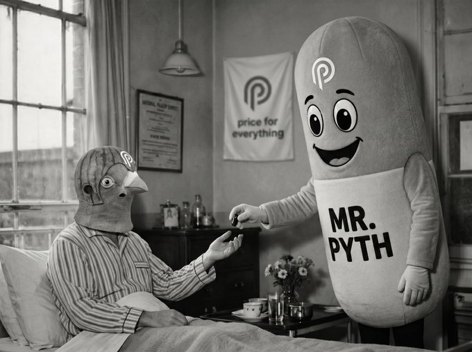 A black-and-white advertisement featuring a mascot in a bird mask in a hospital bed receiving a pill from a "Mr. Pyth" pill-shaped mascot, with a "Price for Everything" (PFE) logo on the wall.