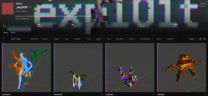 A webpage for 'exploit' (FTX/Liquid token) on what appears to be a video/3D NFT marketplace, showing tokens activity and a collection of glitchy 3D animated figures and characters.