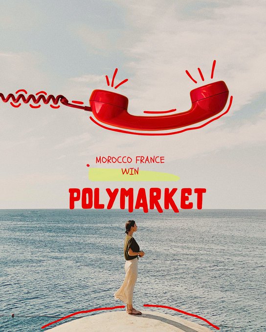 An artistic photo of a woman standing on a cliff by the ocean, overlaid with a red telephone graphic and text reading 'MOROCCO FRANCE WIN POLYMARKET.'