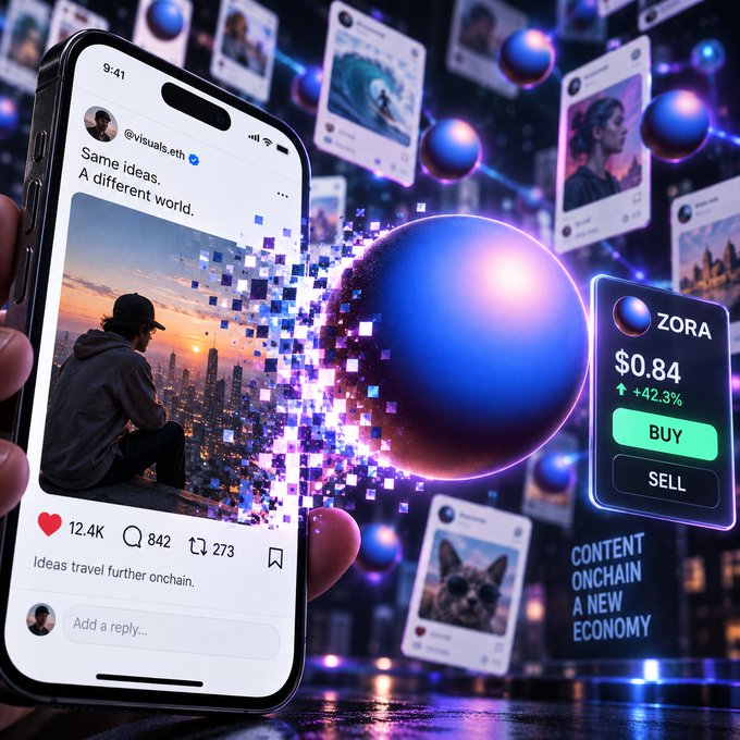 A smartphone displays a social media post by @visuals.eth reading 'Same ideas. A different world.' and 'Ideas travel further onchain' with 12.4K likes, alongside a ZORA token trading panel showing $0.84 (+42.3%) with BUY/SELL options and the tagline 'CONTENT ONCHAIN A NEW ECONOMY'.