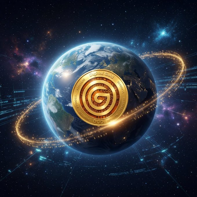 The image features a digital gold coin, which is a golden representation of a real-life currency or token. The coin is encased within a black circle with a spiral pattern, giving it a unique and eye-catching appearance. The coin is positioned in the center of the image, surrounded by stars that create an otherworldly atmosphere.

The post reads: "DGD is perfect money, ready to take over the world! Why!? 1 scarcity 2 stable pricing 3 Free adoption 4 Decentralized Governance 5 Freedom to Transact 6 Adequate Circulation DGD is designed to flow across the full Supply Chain!". The image and caption are related in that they both revolve around digital gold coins.
