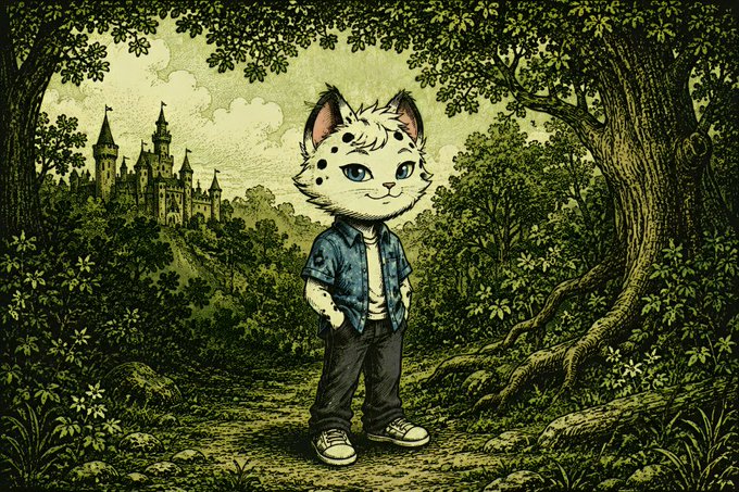 A stylized illustration of an anthropomorphic white kitten with blue eyes, wearing a denim jacket and dark pants, standing on a forest path with a castle visible in the background.