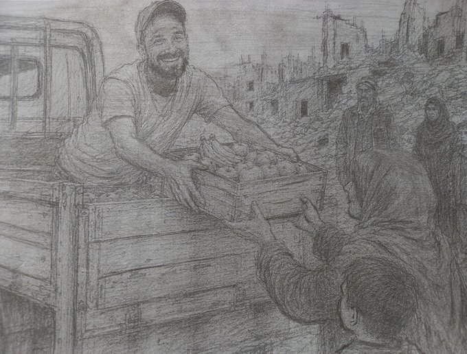 A pencil sketch depicting a smiling bearded man in a cap handing a crate of fruit to people amid rubble and damaged buildings in what appears to be a war-torn or disaster-stricken area.