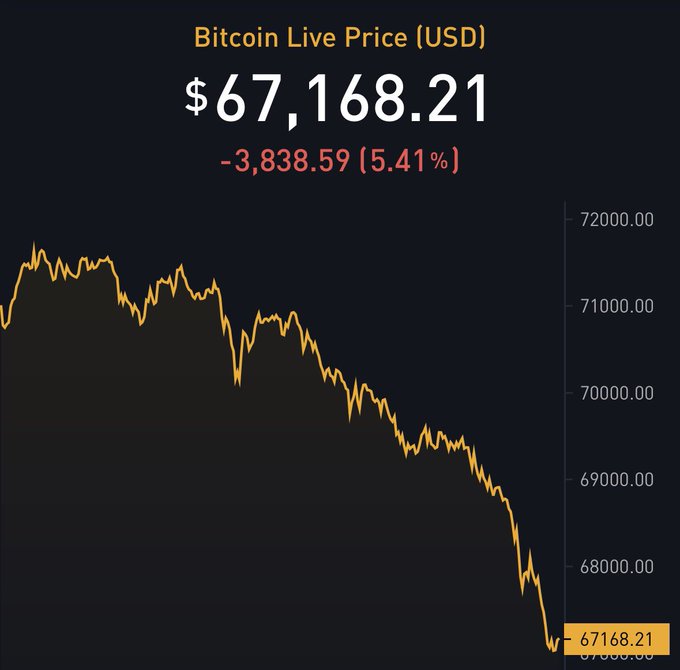 The image displays a chart with Bitcoin's Live Price (US Dollar) reaching its lowest point of $67,138.21. The downward trend shown by the graph is consistent with the caption that reads "If you were waiting for a correction to buy bitcoin, this is your moment." This information may be relevant to someone considering buying Bitcoin as it indicates that the price has reached its lowest point before potentially recovering or declining further.