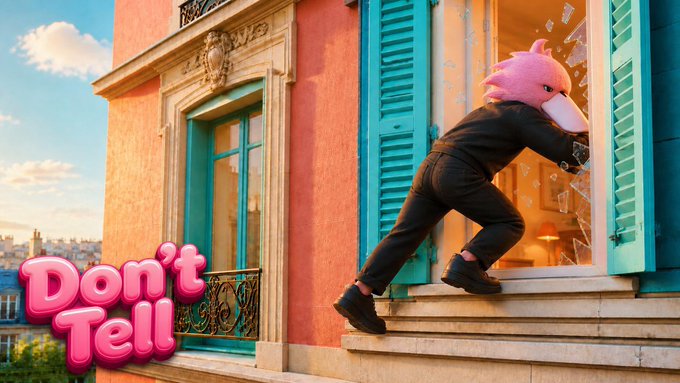 A person in a black outfit with a pink flamingo head climbs through a window of a pink building, with the text 'Don't Tell' displayed in the corner.