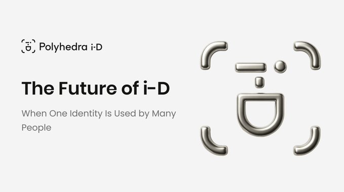 A promotional graphic for 'Polyhedra i-D' reads 'The Future of i-D' and 'When One Identity Is Used by Many People,' accompanied by a 3D metallic face-scanning icon.