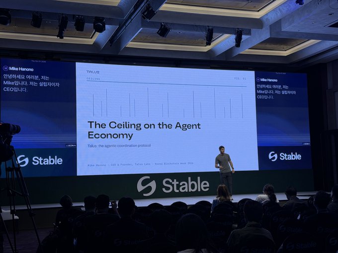 a presenter at a Stable conference speaking about 'The Ceiling on the Agent Economy: Talus, the agentic coordination protocol' by Mike Hanono, CEO & Founder, Talus Labs