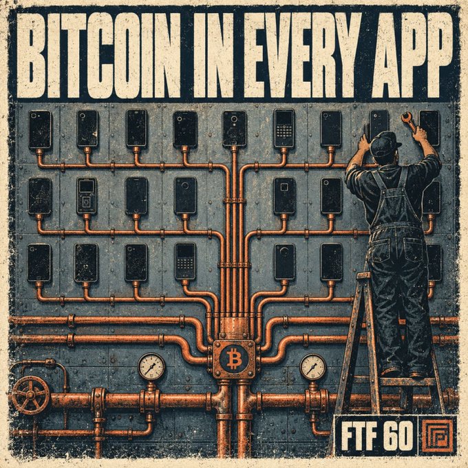 A vintage-style illustrated poster titled 'BITCOIN IN EVERY APP' depicting a worker on a ladder connecting smartphones to a central Bitcoin (₿) hub via copper pipes, labeled 'FTF 60'.