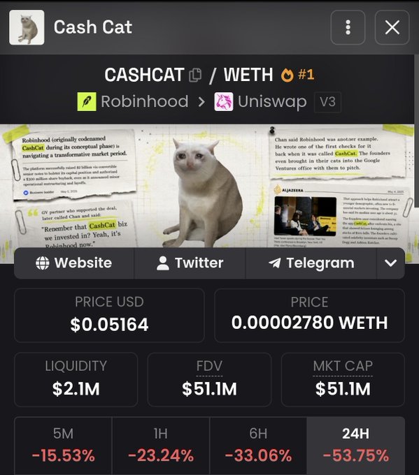 A cryptocurrency token page for 'Cash Cat' (CASHCAT/WETH) available on Robinhood and Uniswap V3, priced at $0.05164 with significant declines across 5M (-15.53%) to 24H (-53.75%).