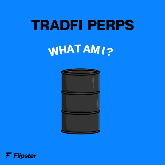 Blue graphic with text 'TRADFI PERPS WHAT AM I?' above an oil barrel illustration, branded with Flipster logo.